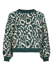 VILA Leopard Print Jacquard Knit Jumper in Green