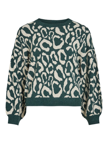 VILA Leopard Print Jacquard Knit Jumper in Green