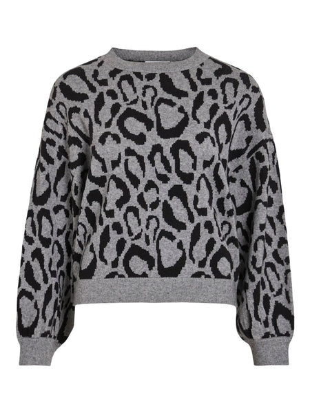 VILA Leopard Print Jacquard Knit Jumper in Grey