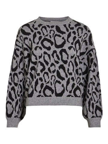 VILA Leopard Print Jacquard Knit Jumper in Grey