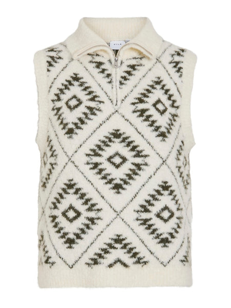 VILA Patterned Jacquard Knit 1/4 Zip Vest in Cream