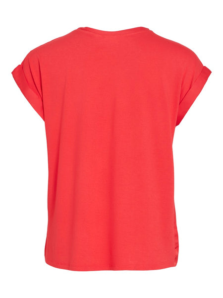 VILA Short Sleeve Satin Look Top in Red