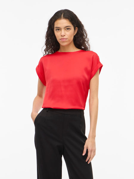 VILA Short Sleeve Satin Look Top in Red
