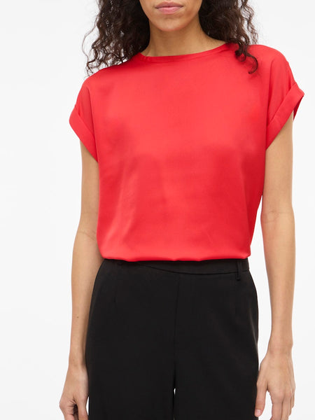 VILA Short Sleeve Satin Look Top in Red