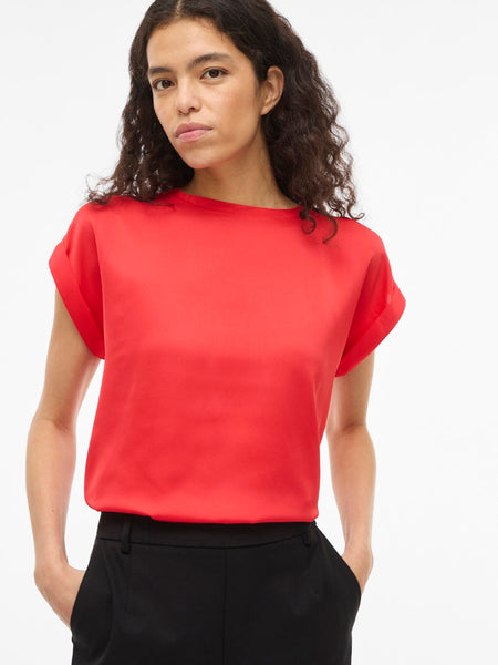 VILA Short Sleeve Satin Look Top in Red