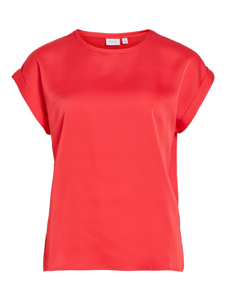 VILA Short Sleeve Satin Look Top in Red