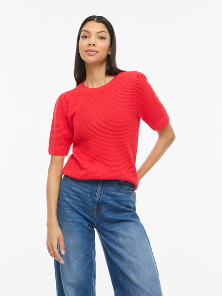 VILA Textured Short Sleeve Knit Top in Red