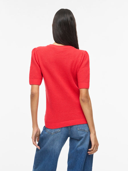 VILA Textured Short Sleeve Knit Top in Red