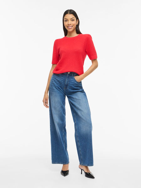 VILA Textured Short Sleeve Knit Top in Red