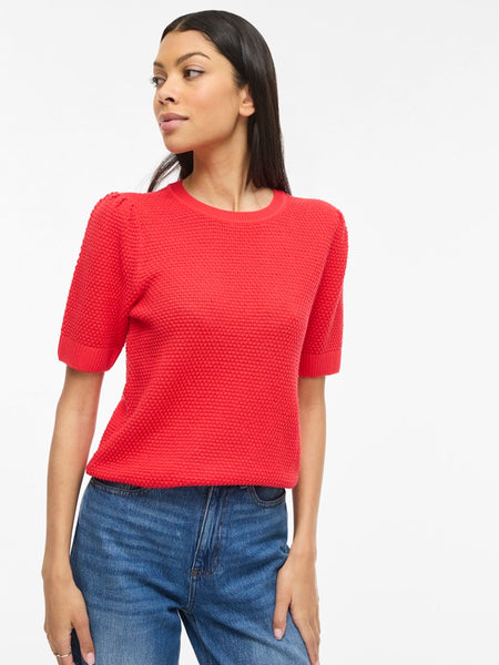 VILA Textured Short Sleeve Knit Top in Red