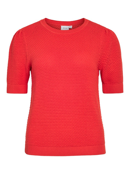 VILA Textured Short Sleeve Knit Top in Red