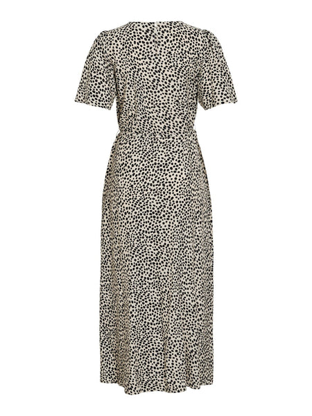 VILA Dot Print Short Sleeve Midi Dress in Beige