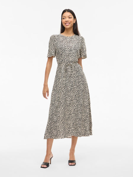VILA Dot Print Short Sleeve Midi Dress in Beige