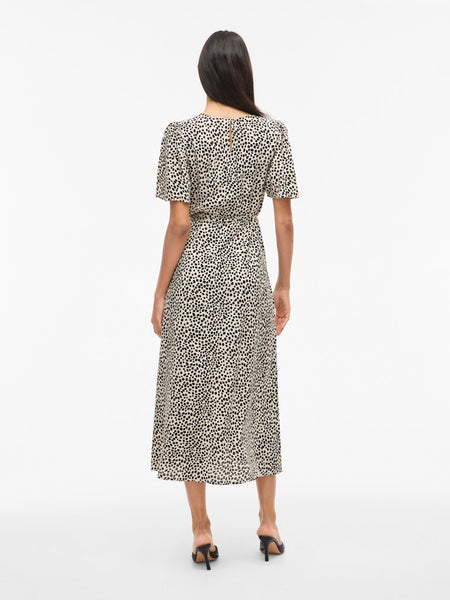 VILA Dot Print Short Sleeve Midi Dress in Beige