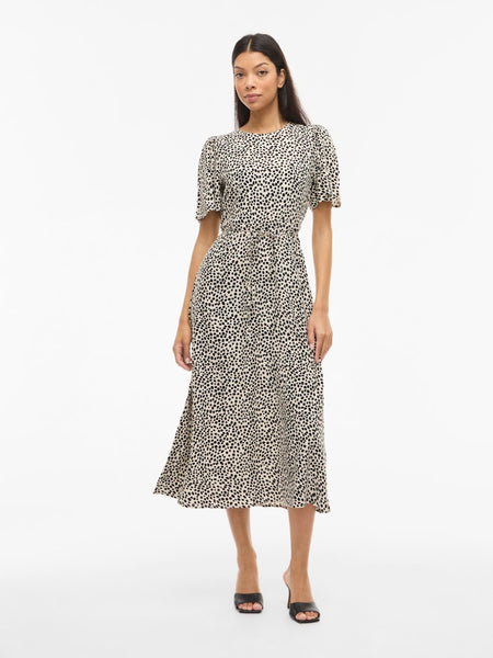VILA Dot Print Short Sleeve Midi Dress in Beige