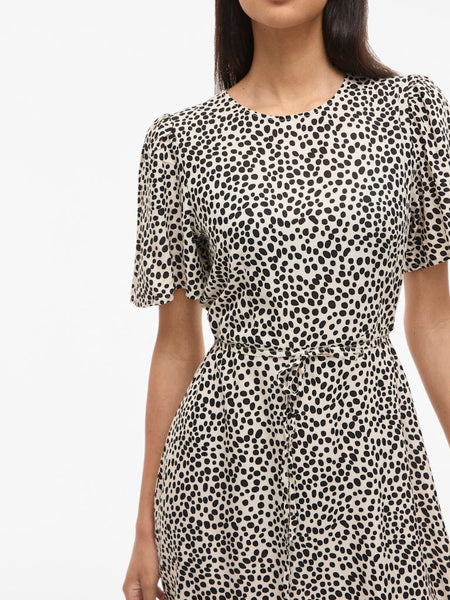 VILA Dot Print Short Sleeve Midi Dress in Beige