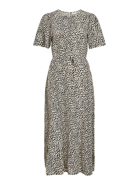 VILA Dot Print Short Sleeve Midi Dress in Beige