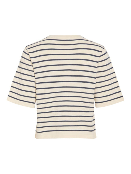 VILA Striped Short Sleeve Knit Top in Beige
