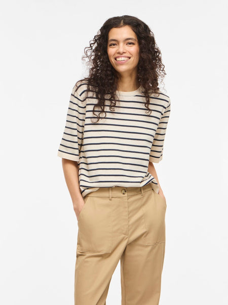 VILA Striped Short Sleeve Knit Top in Beige