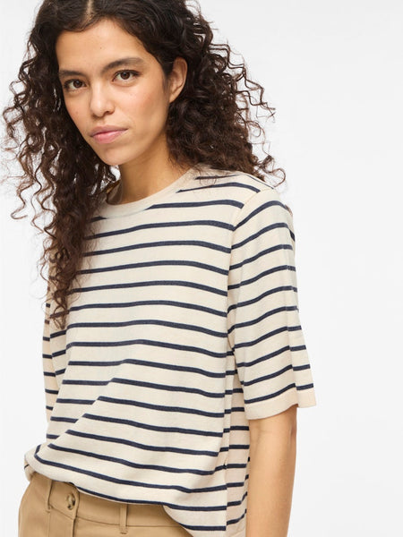 VILA Striped Short Sleeve Knit Top in Beige