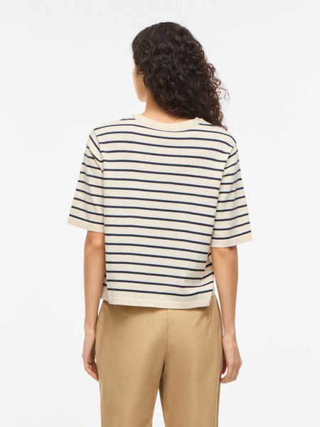 VILA Striped Short Sleeve Knit Top in Beige