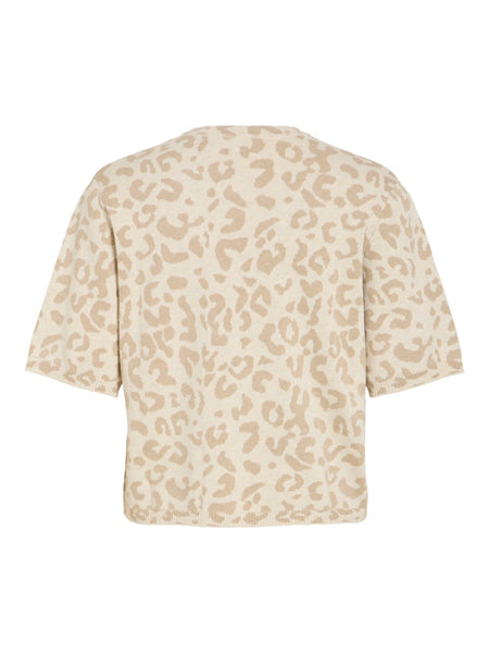 VILA Leopard Print Short Sleeve Knit Top in Beige