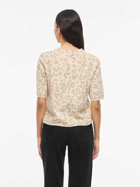 VILA Leopard Print Short Sleeve Knit Top in Beige