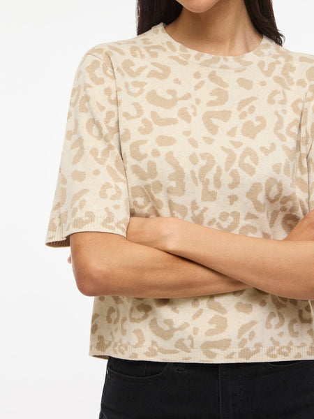 VILA Leopard Print Short Sleeve Knit Top in Beige
