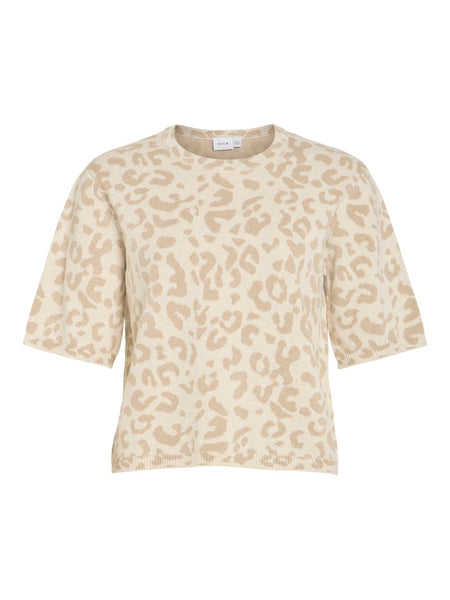 VILA Leopard Print Short Sleeve Knit Top in Beige