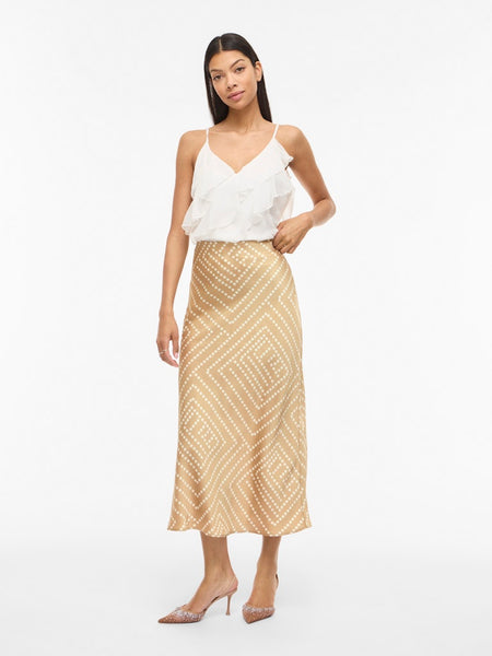 VILA Dot Print Satin Look Skirt in Beige