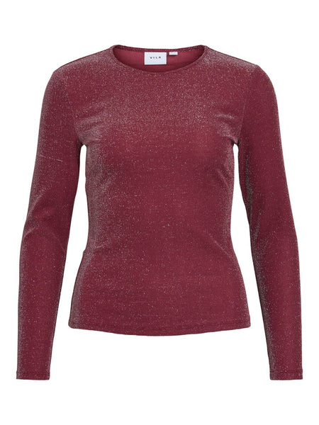 VILA Long Sleeve Glitter Top in Maroon