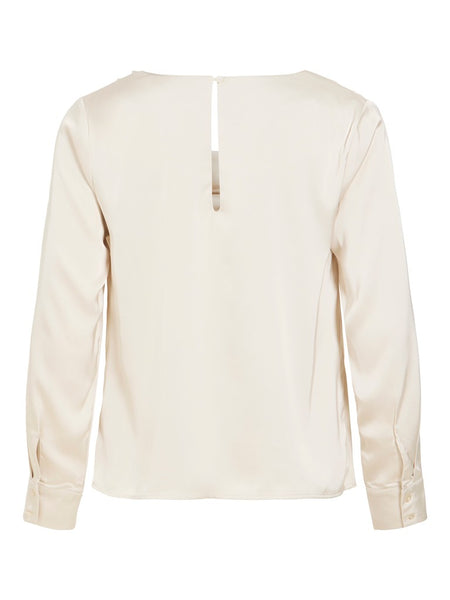 VILA Long Sleeve Satin Look Waterfall Top in Cream