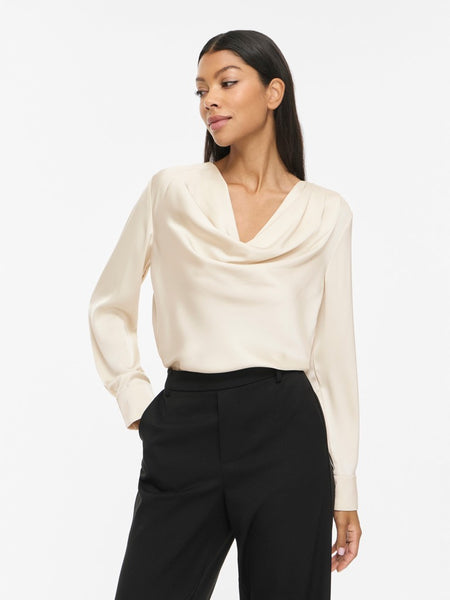 VILA Long Sleeve Satin Look Waterfall Top in Cream