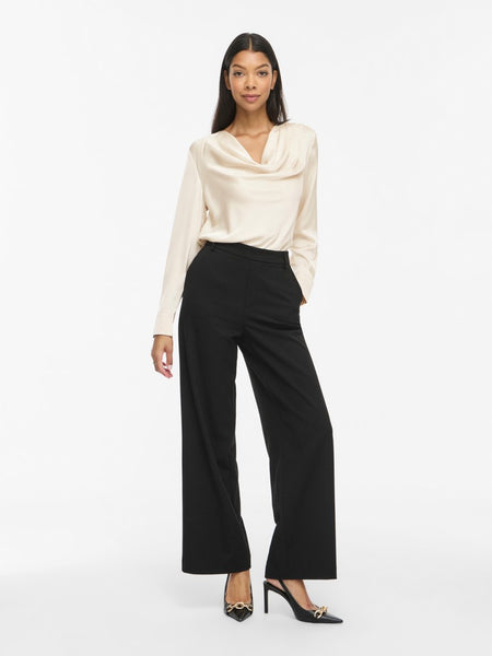 VILA Long Sleeve Satin Look Waterfall Top in Cream
