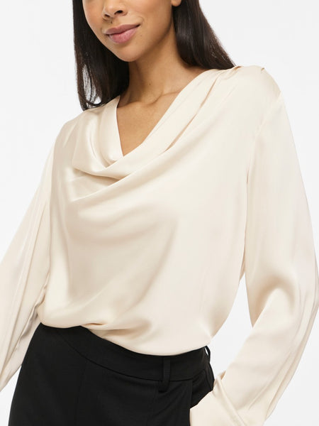 VILA Long Sleeve Satin Look Waterfall Top in Cream