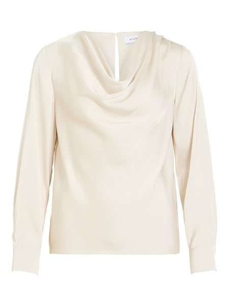 VILA Long Sleeve Satin Look Waterfall Top in Cream
