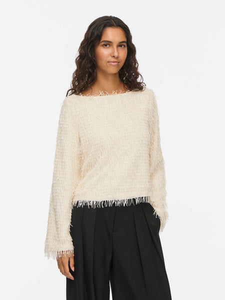 VILA Frayed Boat Neck Top in Cream