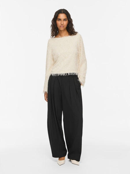 VILA Frayed Boat Neck Top in Cream