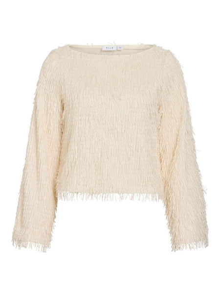 VILA Frayed Boat Neck Top in Cream