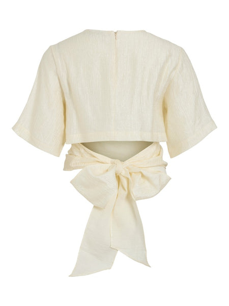 VILA Short Sleeve Bow Top in Cream