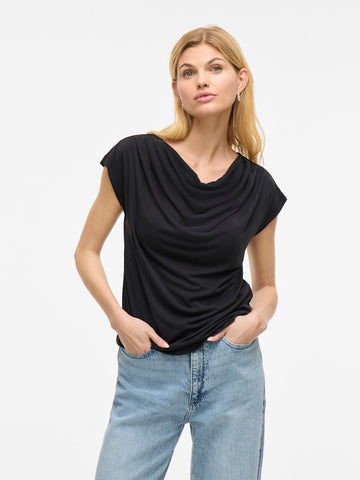 VILA Short Sleeve Waterfall Top in Black