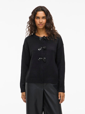 VILA Sequin Bow Knit Cardigan in Black
