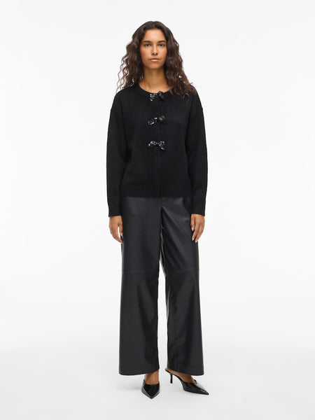 VILA Sequin Bow Knit Cardigan in Black
