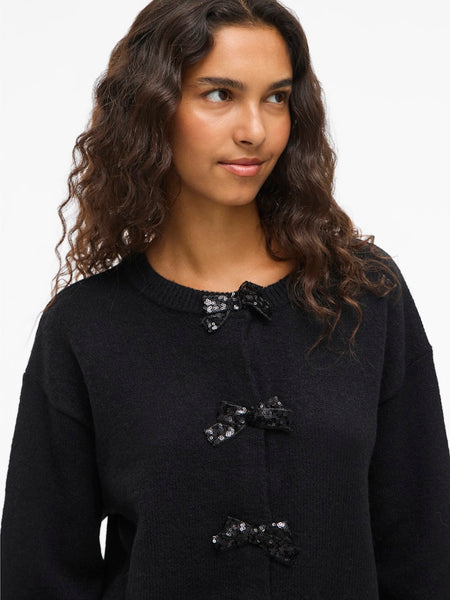 VILA Sequin Bow Knit Cardigan in Black