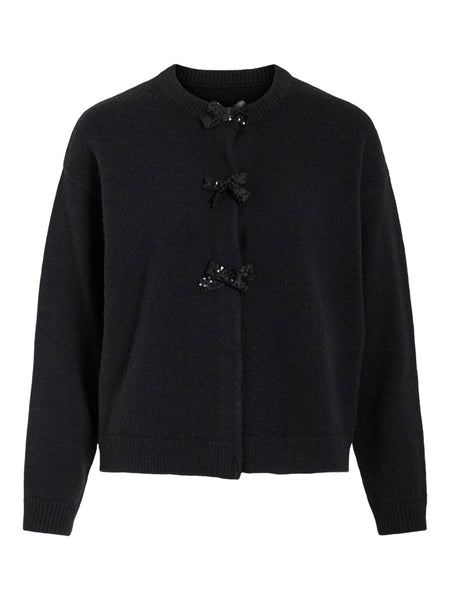 VILA Sequin Bow Knit Cardigan in Black