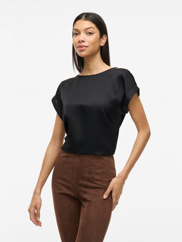 VILA Short Sleeve Satin Look Top in Black