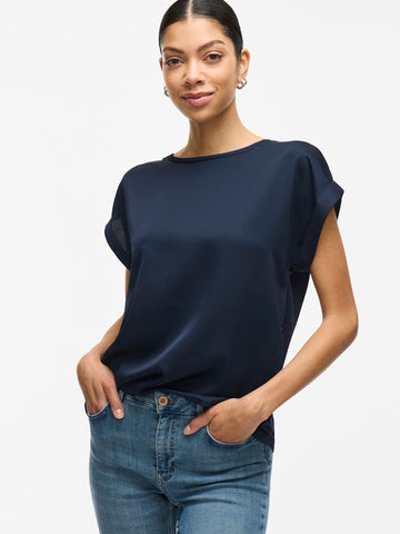 VILA Short Sleeve Satin Look Top in Navy