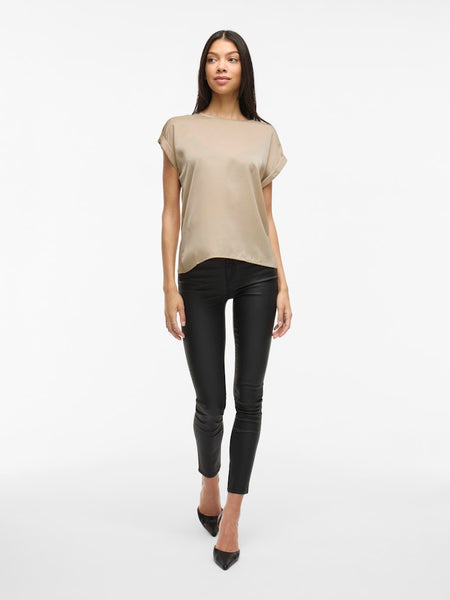 VILA Short Sleeve Satin Look Top in Beige