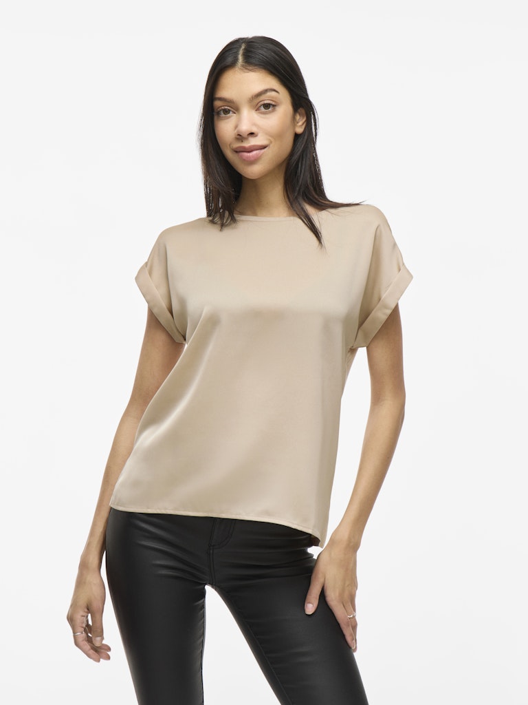 VILA Short Sleeve Satin Look Top in Beige