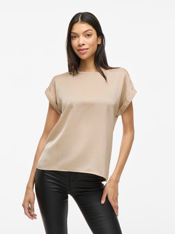 VILA Short Sleeve Satin Look Top in Beige